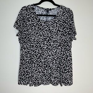 Roz & Ali | Petite Short Sleeve Leaf Print Peplum Tunic Length Blouse | PXL
